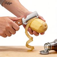 2-pack 2-in-1 multifunctionele groenteschiller met flesopener en houten handvat, roestvrijstalen mes, keukengereedschap