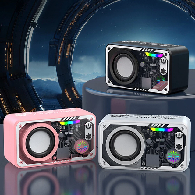 Wireless Transparent Soundbar Mecha Style Subwoofer Mini Portable BT Speaker with Colorful Light TF Card MP3 Music Player
