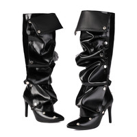Bottes montantes pliables à bout pointu et talons aiguilles, avec rivets métalliques et tige détachable, pour femme, idéales pour les soirées et clubs