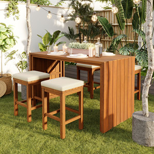 Outdoor Bar <b>Set</b> Acacia Wood Bar Height <b>Table</b> With Four <b>Stools</b> Cushions Patio Dining Furniture For Backyard - Product Image 1