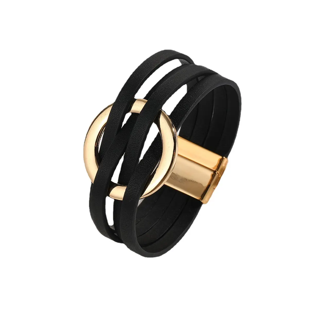 Nieuwe Cross Lederen Armband Grote Ring Manchet Armband Multi-Layer Polsband Magnetische Gesp Lederen Armband Geschenken Voor Dames