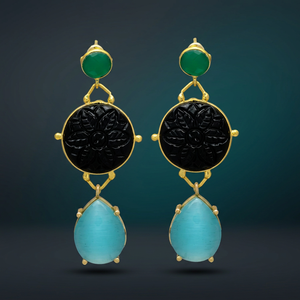 Nouvelles boucles d'oreilles pendantes ethniques plaquées or avec pierre précieuse onyx noir en alliage métallique - Product Image 2