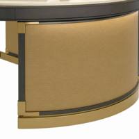 Comptoir de présentation de bijoux incurvé de luxe sur mesure, en acier inoxydable avec cadre doré et vitrine en verre pour magasin de bijoux.
