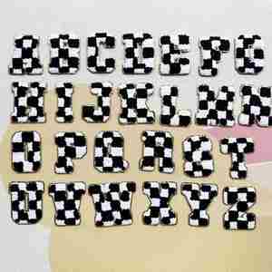 New Hot 8CM Iron on Chenille Embroidered Sliver Edge White <b>Black</b> Checker Letter Patch for Hat Hoodies Decoration - Product Image 3