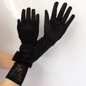 Sarung tangan renda wanita, sarung tangan panjang renda pita warna hitam dewasa, sarung tangan renda pesta modis