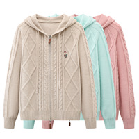 Cardigan en acrylique tricoté à capuche et fermeture éclair pour femme, avec broderie ours, coupe ample, épais, pour l'automne