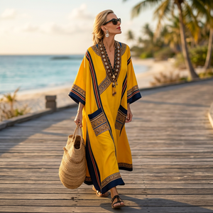 Robe Kaftan Maxi Brodé Jaune Col V Manches Courtes Coupe Ample Respirante Tissée Décontractée d'Été avec Poches - Product Image 3
