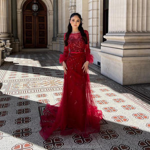 DKD013 <span class=keywords><strong>vestido</strong></span> de invitados de <span class=keywords><strong>boda</strong></span> rojo vino lujo Dubai <span class=keywords><strong>plumas</strong></span> con cuentas vestidos de noche cuello redondo manga larga vestidos de fiesta largos para mujeres - Product Image 1