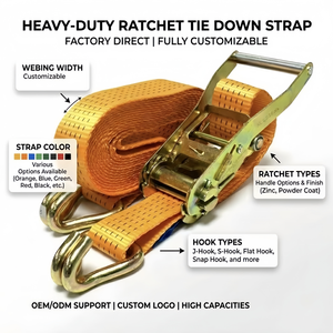 Correa de Amarre con Trinquete de 50 mm y 5 Toneladas, Cinta de Poliéster 100%, con Ganchos Dobles en J - Product Image 1