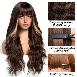 Pelucas al por mayor para mujer: cubrecabezas sintéticos de moda, color marrón claro, flequillo impecable, cabello largo liso rizado con ondas de agua, suave. - Product Image 4
