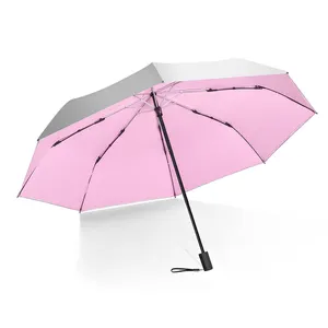 粉色3折紧凑型雨伞定制标志折叠式遮阳伞，带银色紫外线涂层