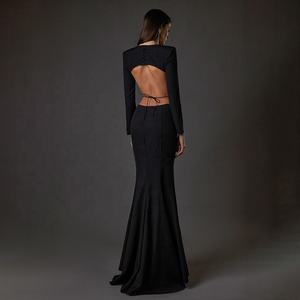 جودة عالية كريب صنع جولة الرقبة طويلة الأكمام حفلة موسيقية مساء اللباس فساتين المرأة مع فتح الظهر - Product Image 2