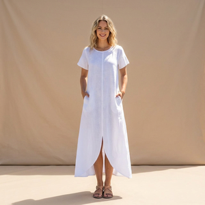Robe midi à taille haute 100% coton faite à la main avec poches, manches cloche, coupe ample, style vintage, pour un usage quotidien, pour femmes - Product Image 3