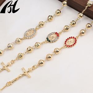 프로모션 14K 옐로우 골드 다이아몬드 컷 구슬 묵주 종교 가톨릭 예수 십자가 팔찌 성모 마리아 패션 매력 팔찌 - Product Image 6