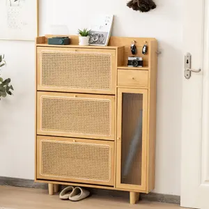 Entryway Furniture 3 Flip Drawer Shoe Cabinet Natural Rattan Shoe Cabinet Bamboo Shoe Rack Storage Cabinet