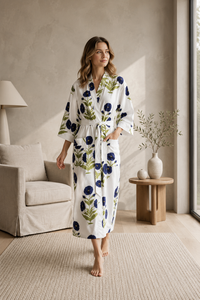 Bata de baño de algodón con estampado floral para mujer, cuello en V, manga larga, transpirable, de longitud completa, estilo kimono, con pantalones y cinturón, conjunto envolvente para el hogar - Product Image 5