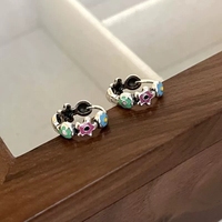 Anting-anting hoop klip EK312 S925 Sterling Silver Enamel Bunga Warna-warni, Anting-anting Hoop Niche, Perhiasan Delikat