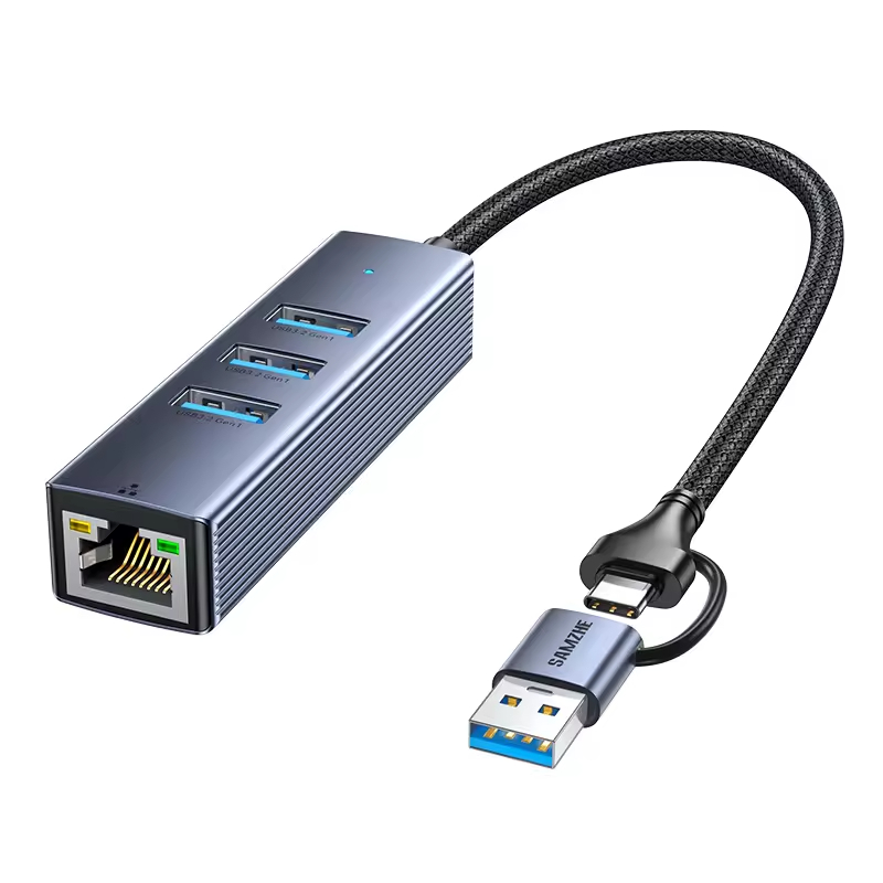 SAMZHE USB-A &amp; USB-C 4-Port USB 3.0 Hub with Gigabit RJ45 Ethernet Adapter | 5Gbps Aluminum Multiport Dock