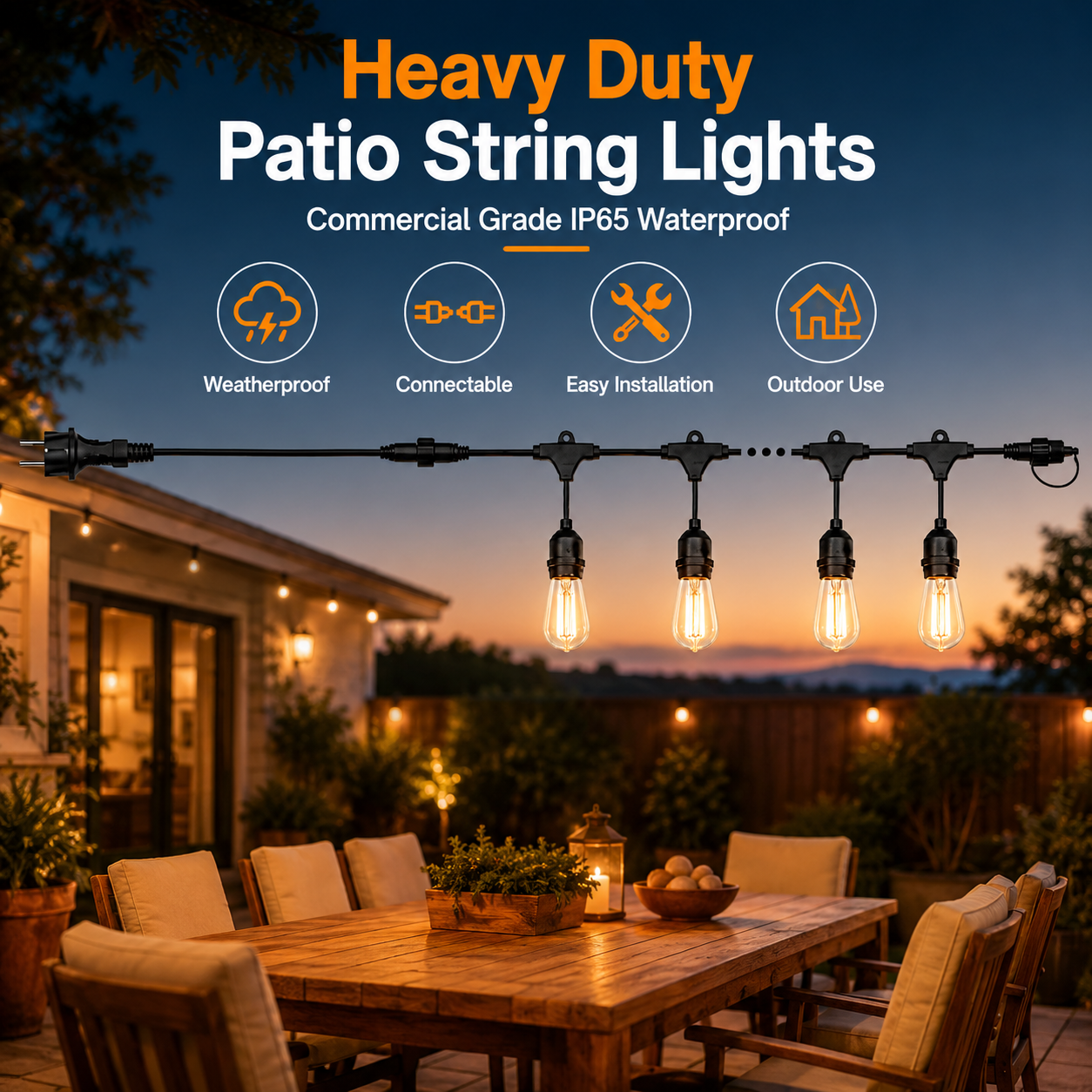 Heavy Duty IP65 Waterproof Outdoor Patio String Lights Connectable Commercial Garden Festoon Lighting OEM