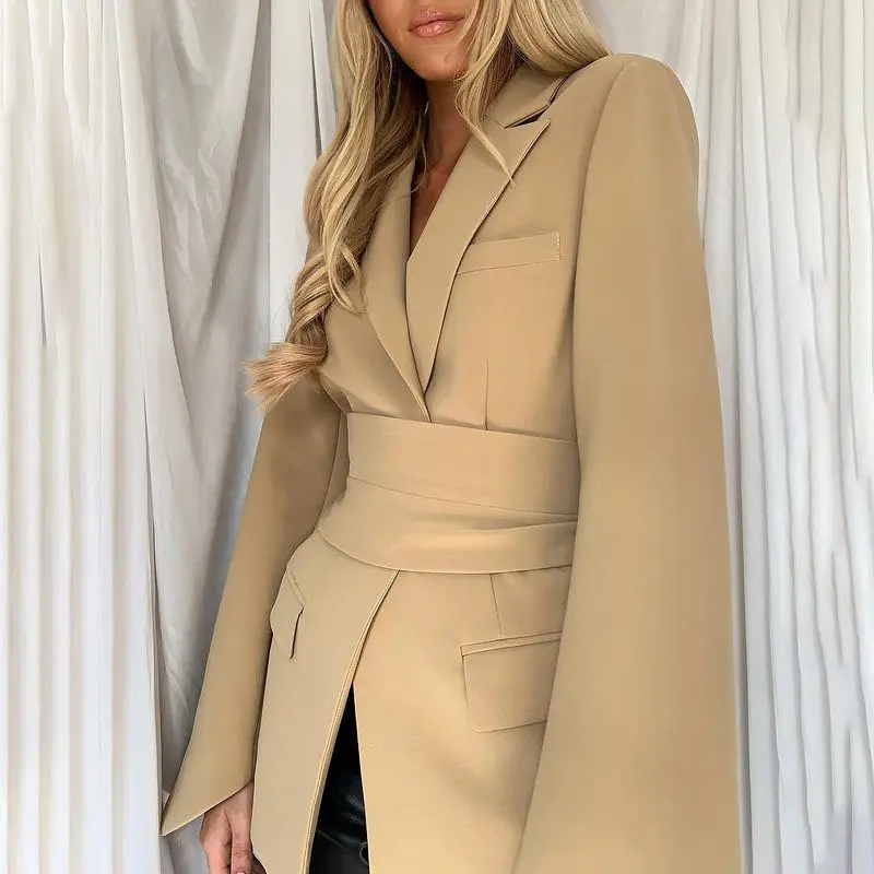 Notched Neck Long Sleeve Womens Blazer Jackets Slim Fit Elegant Ladies Office Suit Formal Work Trench Coat