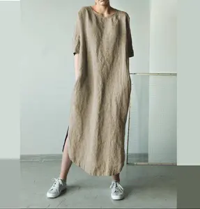 האחרון עיצוב נשים קצר שרוול שמלות קוריאני קיץ כותנה פשתן שמלה