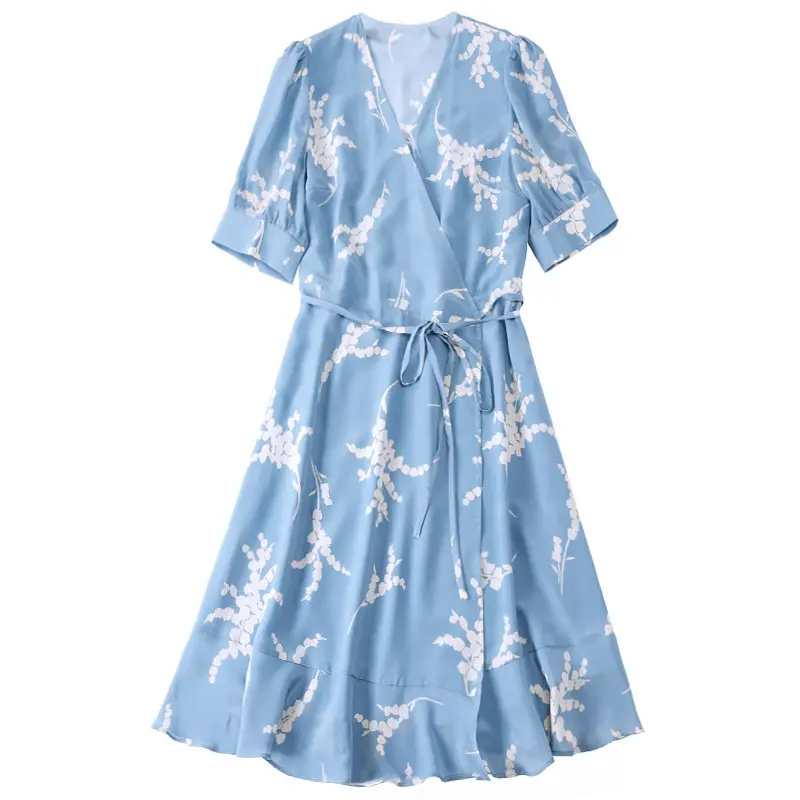 Vestido de seda verdadeiro, vestido de verão feminino com decote em v peplum edge, corte em linha a, saia de descanso de chá, verão 2023