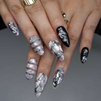 Offre Spéciale – Ongles Press-On Cyber Futuristes Effet Argent Liquide, Chaîne Métallique 3D, Perles Acryliques Iridescentes Dorées, Longueur Moyenne, 10 Pièces