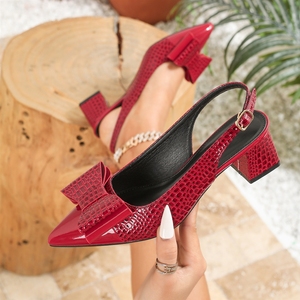 Fashionable Women's Pattern Footwear 2025 - Red Black <b>Bow</b> Decor Block Heel Pointed Toe Slingback <b>Shoes</b> - Product Image 4