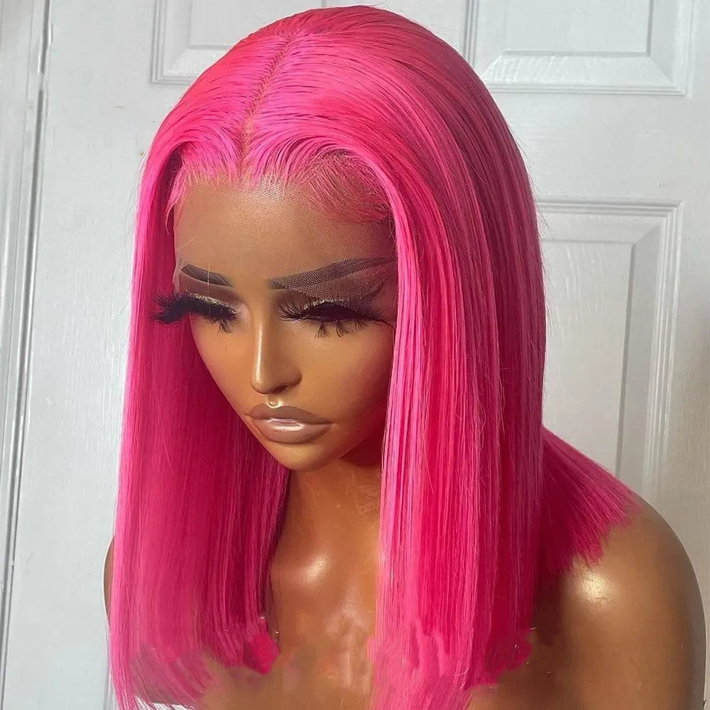 Goedkope Rood Roze Gekleurde Korte Bob Pruiken Full Lace Menselijk Haar Pruiken Lace Front Braziliaanse Haar Hd Kant Frontale Pruiken voor Zwarte Vrouwen