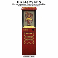 Nouvelle arrivée : grande machine à popcorn décorative avec figurine de clown qui se réveille, éclairée par des LED, pour la décoration de scène d'Halloween