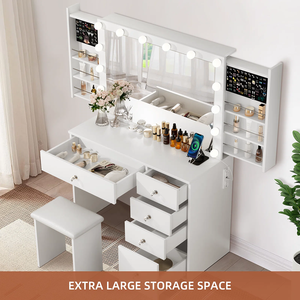 モダンなバニティセット照明付きミラーウッドパネル隠しスペースコンセント寝室用 - Product Image 4