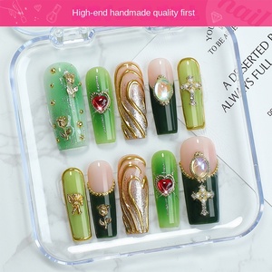 ชุดเกราะฝรั่งเศสแบบเต็มรูปแบบหัวใจเป็นมิตรกับสิ่งแวดล้อมอะคริลิคเล็บนิ้วมือศิลปะสนามสีเขียวดีไซน์แบบสั้น10ชิ้น - Product Image 2