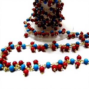 Smooth Coral Turquoise Plain Round Ball Beaded 3mm Cluster Dangling <b>Wire</b> Wrapped Chain - Product Image 1