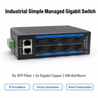 Switch Gigabit Industrial Simple Administrado, 8 Puertos SFP, 2 Puertos RJ45, Fibra Ethernet, Carcasa Metálica para Riel DIN
