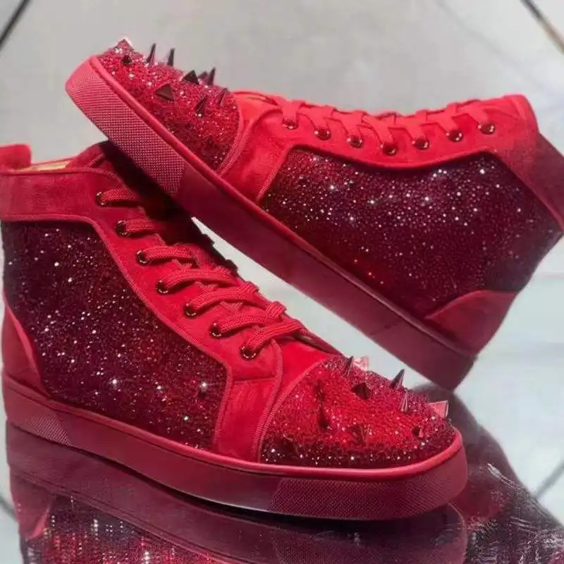 Night Club Casual Rhinestones Designer Luxury Brand Dress Shoe leather Women Party Sneakers Rivets Flat Red Bottom Shoes For Men