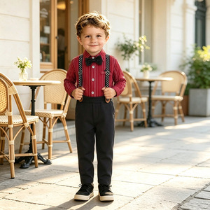 Completo Formale da Bambino: Camicia Rossa a Righe, Papillon e Pantaloni con Bretelle - Outfit da Gentiluomo per Matrimoni e Feste di Compleanno - Product Image 3