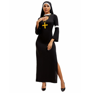 Nun Costume Dress With Cross Headband Black Long Sleeve Cosplay Role Play Halloween Outfit Women Adult Size M Xl - Product Image 4