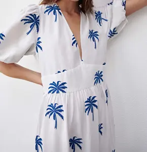 Long Maxi Sun Dresses Summer Clothing Cotton Linen Puff Sleeve Custom Coconut Tree Embroidered White Maxi Women Beach Dress