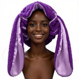 <span class=keywords><strong>Bonnet</strong></span> de nuit en peluche mignon avec oreilles d'animaux pour femmes, doublure en satin soyeux pour protéger les cheveux. Designs de chat, ours, <span class=keywords><strong>panda</strong></span>, vache, lapin, loup, léopard - Product Image 2