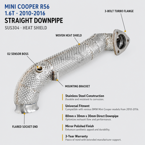 Tuyau d'échappement droit pour BMW <span class=keywords><strong>Mini</strong></span> <span class=keywords><strong>Cooper</strong></span> R56 1.6T 2010-2016 SUS304 avec bouclier thermique, tuyau d'échappement de course - Product Image 1