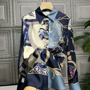 2021 autumn spring long sleeve print silk women tops fashionable korean clothes blouse