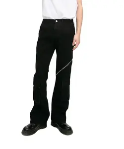 pantalones de hombre streetwear Custom Dark Black Zipper Pocket High High Waistband Trendy Slim Fit Comfortable Cargo