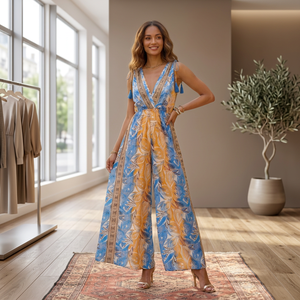 Robe Salopette Longue Bohème Décontractée en Soie Imprimée Paisley Florale Tissée Écologique Lavable Col en V avec Pompons Naturels pour Femme - Product Image 4