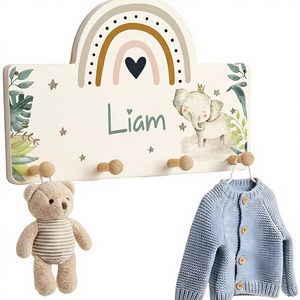 <span class=keywords><strong>Porte</strong></span>-<span class=keywords><strong>manteau</strong></span> mural personnalisé pour enfants Kidsmood <span class=keywords><strong>avec</strong></span> 4 crochets <span class=keywords><strong>en</strong></span> <span class=keywords><strong>bois</strong></span>, motif éléphant arc-<span class=keywords><strong>en</strong></span>-ciel pour chambre de bébé/tout-petit [40x27,5 cm] - Product Image 1