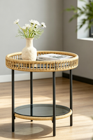 Table d'appoint ronde en rotin PE résistant aux intempéries, table à thé de loisirs à 2 niveaux avec rangement et plateau en verre, pour intérieur et extérieur