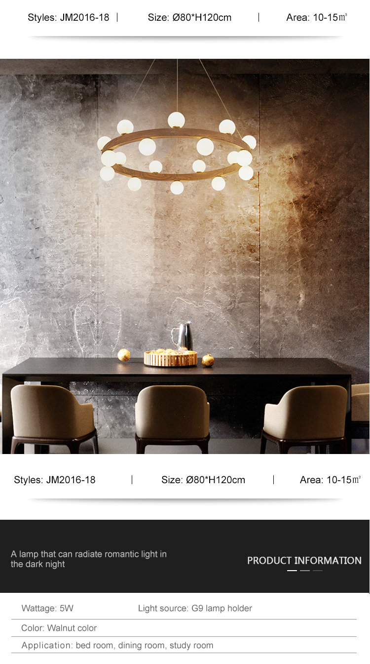 New Design Style Decoration Bedroom Interior Walnut Wooden Glass Round G9 Chandelier Light
