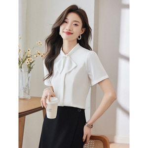 White Short Sleeve Shirt For Women Summer Bow Top Work Blouse Solid Color Polyester Fiber - Product Image 2