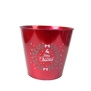 Factory wholesale printing Christmas galvanized iron flower pot, festive decoration for Christmads tree