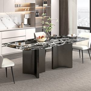 Ensemble de <span class=keywords><strong>table</strong></span> à manger moderne en marbre de 70,87 pouces de long pour 8 personnes, base en acier inoxydable brun, style mid-century, ensemble de salle à manger extensible - Product Image 2