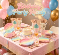 Ensemble de vaisselle jetable en papier dégradé arc-en-ciel, fournitures de fête pastel, assiettes, gobelets, serviettes, couverts en bois, nappe